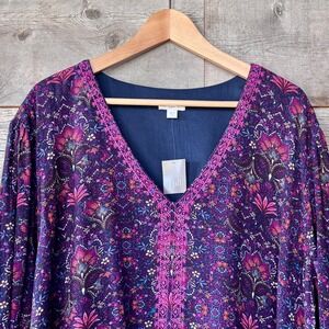 J Jill NWT East Village Tunic Dress 4X Purple Floral Embroidered Midi Boho Flowy